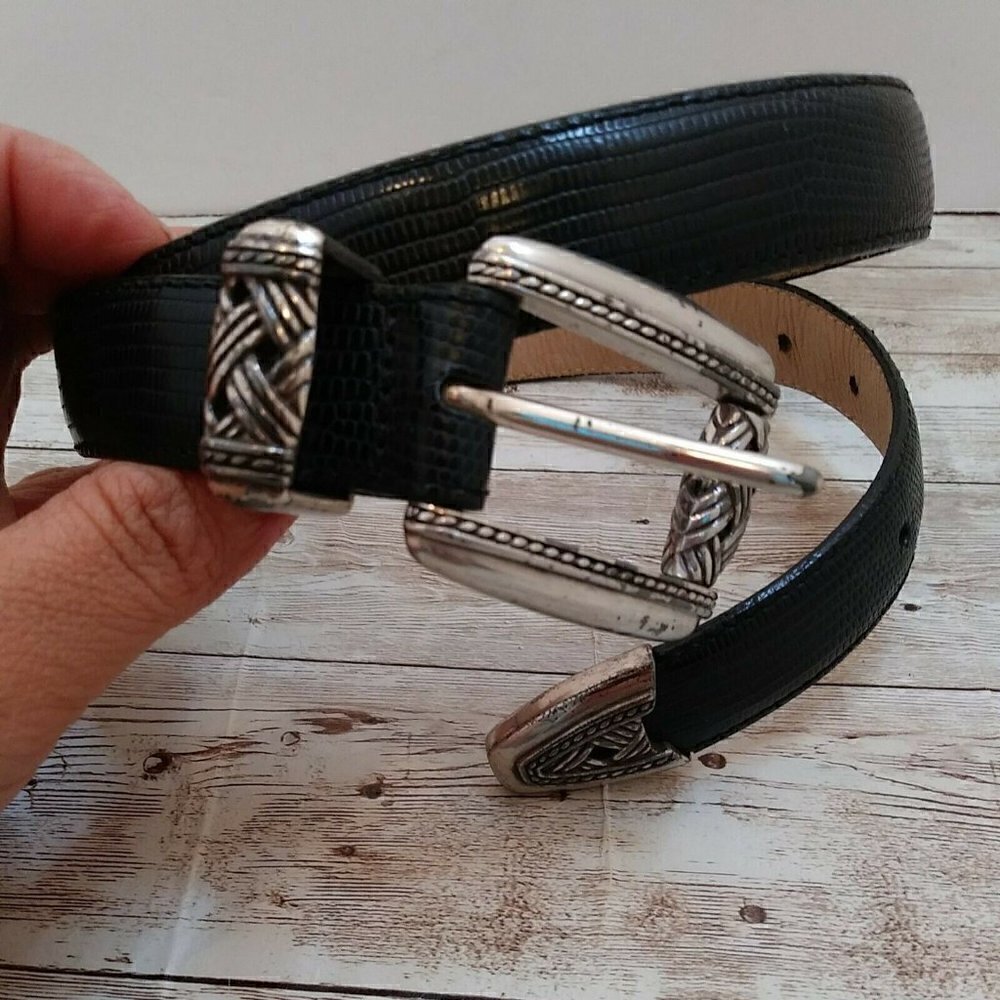 BRIGHTON BLACK REPTILE exotic printed Leather Belt SILVER Buckle M - Picture 2 of 11